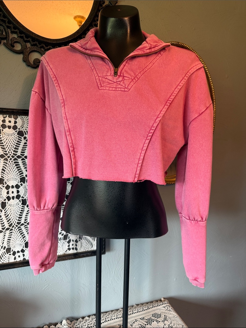Urban Outfitters Pink Cropped Half-Zip Hoodie